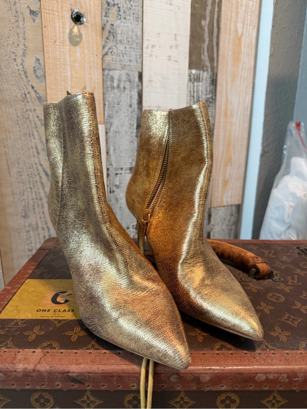 Zara Metallic Gold Pointed Ankle Booties
